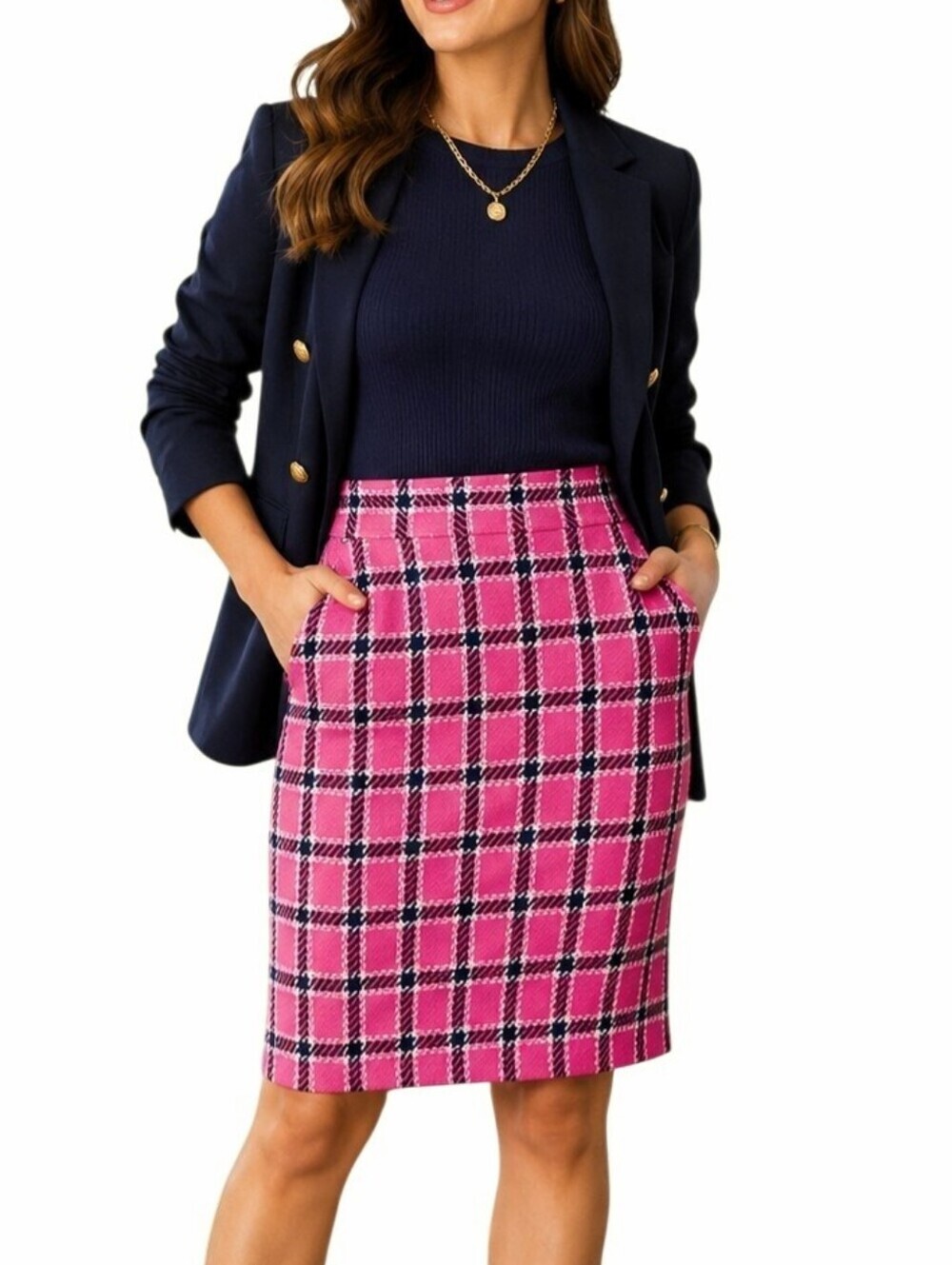 Vintage Evan-Picone Pink Plaid Pencil Skirt Sz 6 Preppy Career Pocket School Y2K